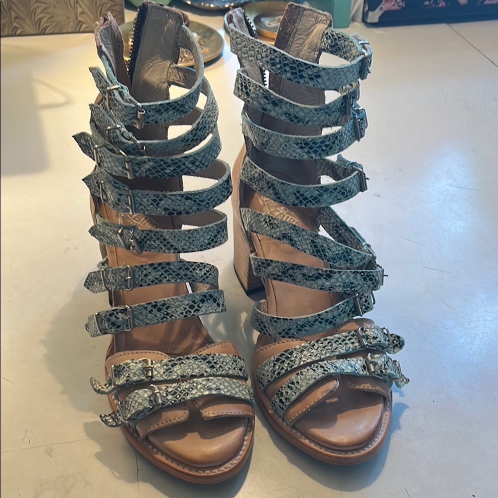 Blue and Tan Gladiator Sandals with Rhinestone Detailing